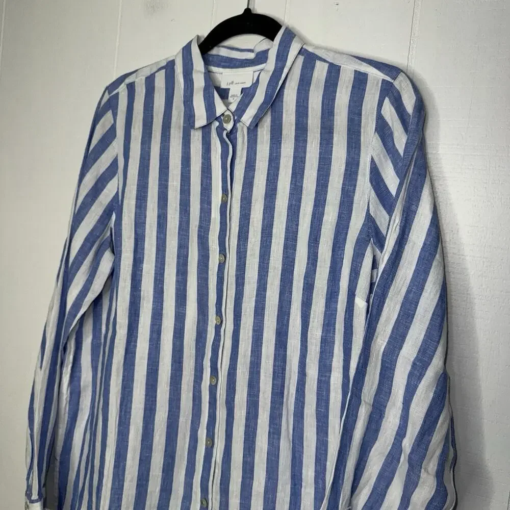 J. Jill Love Linen Women’s Striped Button Up Long Sleeve Cabana Blue Coastal M - Picture 3 of 5